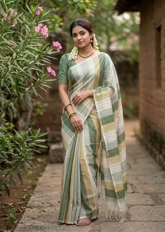 Southloom Super Premium Balaramapuram Handloom Cotton Gold And Green Lines On Body SL628
