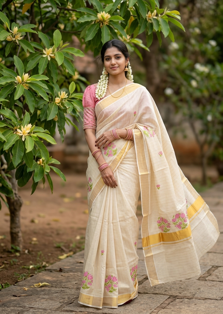 Southloom Tissue Kerala Kasavu Saree with Floral Embroidery Design On Border