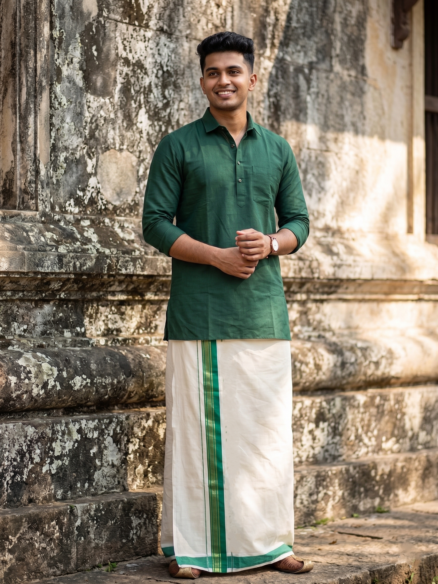 Southloom Pure Cotton Mundu with Green Border (South Indian Kerala Dhoti)