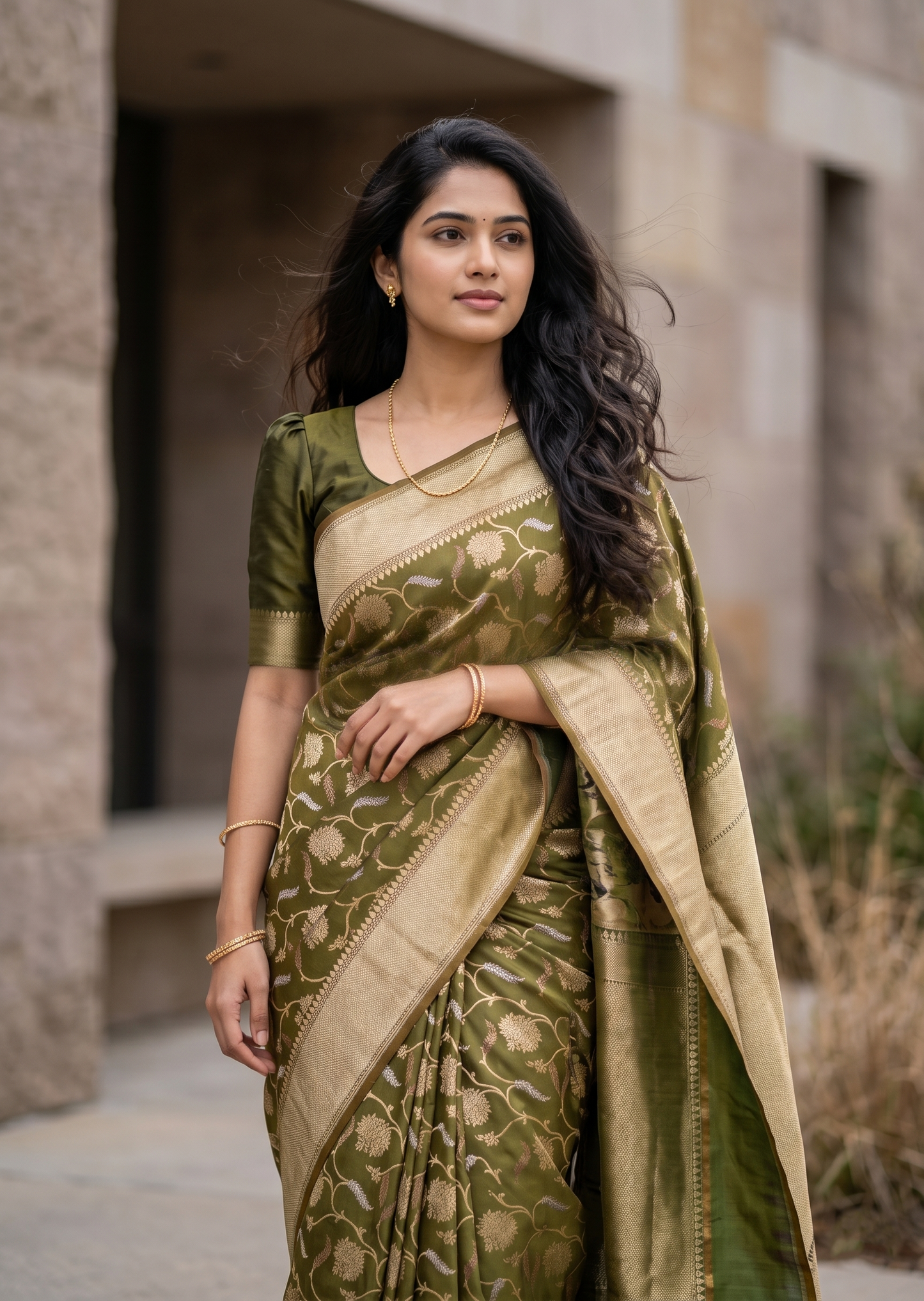 Southloom Pure Banarasi Silk Saree with Woven Work on Body and Borders (Green)
