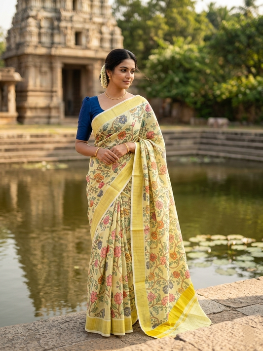 Southloom Tissue Stripes Kalamkari Print Kerala Kasavu Saree