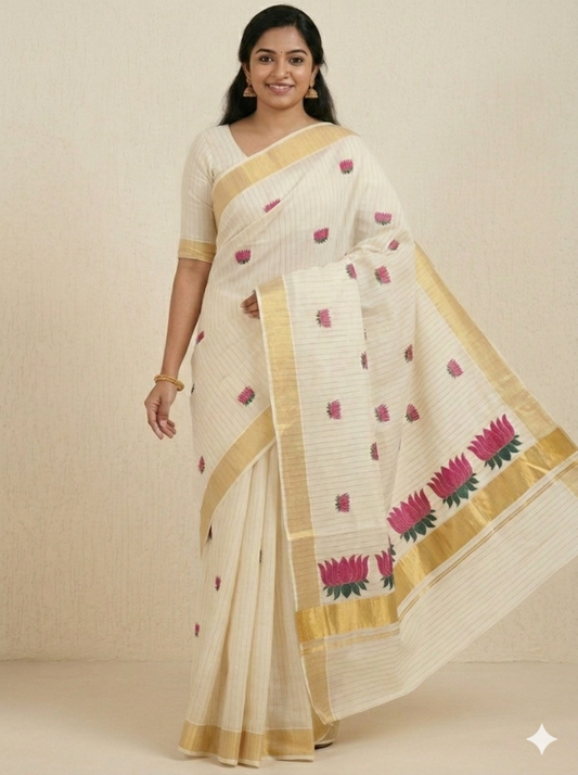 Kerala Cotton Kasavu Lines Saree With Vadamalli Lotus Embroidery SL172