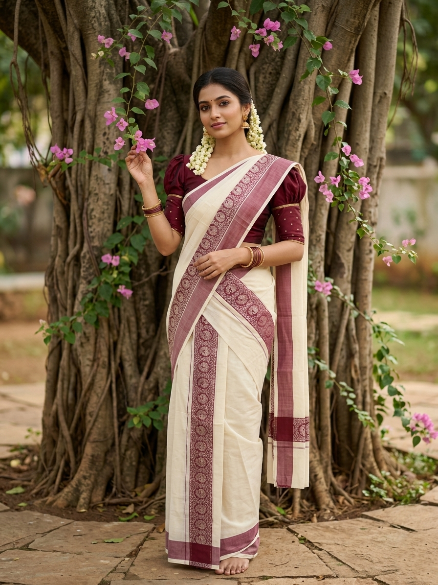 Kerala Cotton Single Set Mundu (Mundum Neriyathum) with Maroon Block print Border 2.80Mtrs SL329