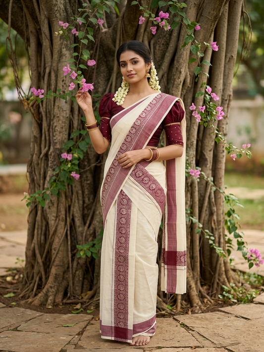 Kerala Cotton Single Set Mundu (Mundum Neriyathum) with Maroon Block print Border 2.80Mtrs SL329