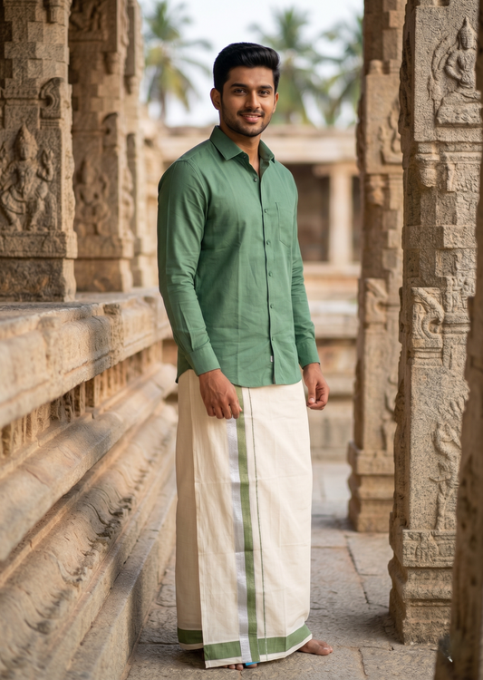 Southloom Kerala Pure Cotton Double Mundu with Green And Silver Border (South Indian Dhoti)