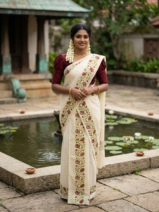 Southloom Pure Cotton Kerala Single Floral Print Set Mundu (Mundum Neriyathum) Maroon and Green Border in 2.50 mtrs