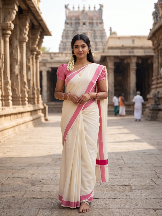 Southloom Pure Cotton Kerala Saree with Pink Plain Border