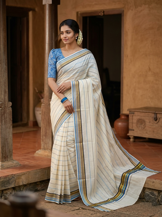 Southloom Cotton Kasavu Saree with Blue and Brown Thread Work Across Body