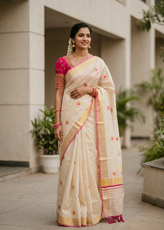 Southloom Kerala Tissue Kasavu Saree with Polka Embroidery Works on Body in Pink