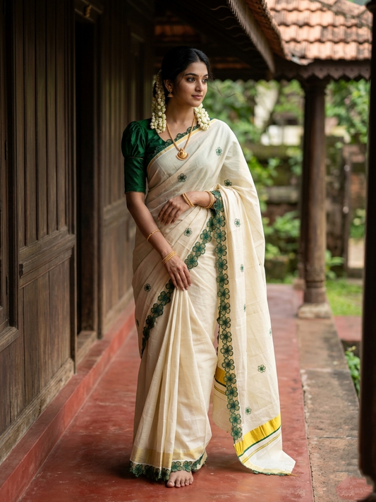Southloom Kerala Tissue Kasavu Saree with Green Floral Embroidery on Body and Border