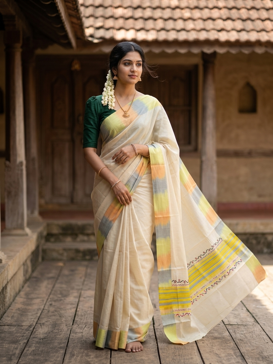 Southloom Kerala Tissue Kasavu Saree with Multi Colour Pochampally Design on Borders and Kara