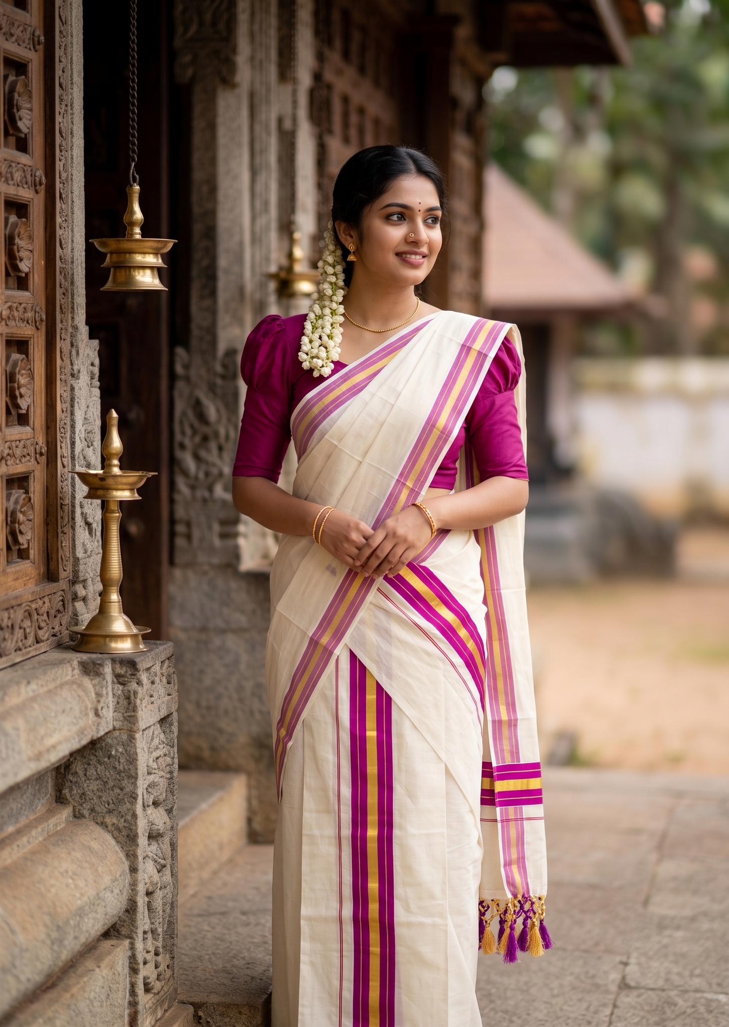 Southloom Kerala Cotton Kasavu Single Set Mundu (Mundum Neriyathum) with Magenta Border SLKK SL518