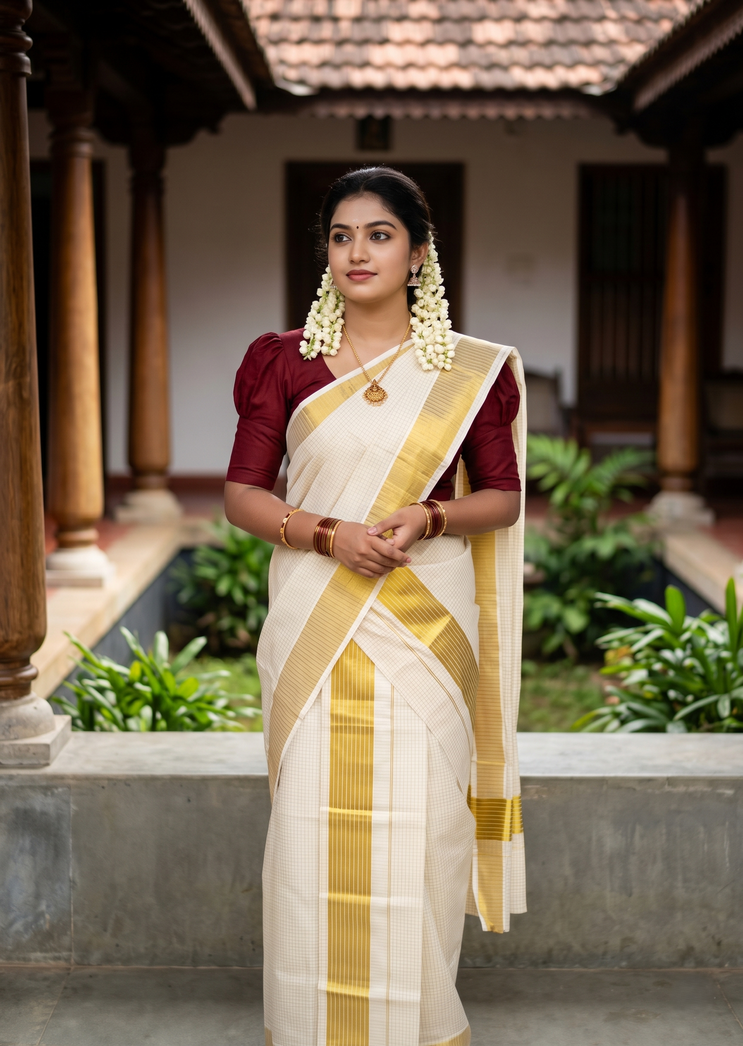 Southloom Kerala Tissue Single Set Mundu (Mundum Neriyathum) with Kasavu Micro Check Across Body SL455