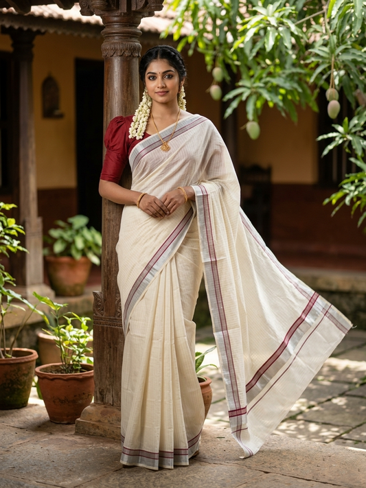 Southloom Pure Cotton Kerala Silver Kasavu Lines Saree with Maroon and Silver Border