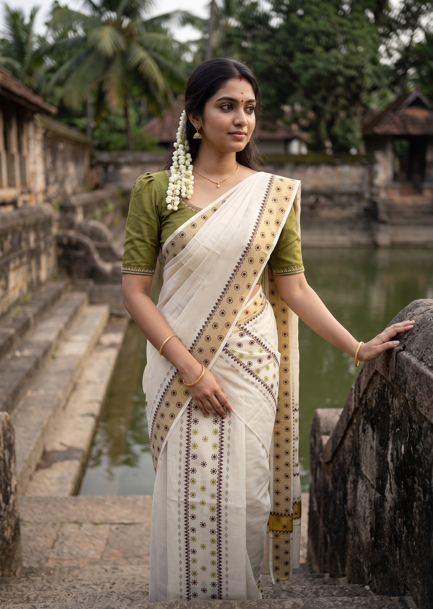 Southloom Kerala Tissue Set Mundu (Mundum Neriyathum) with Olive Green & Brown Floral Prints on Border-2.80Mtrs SL625