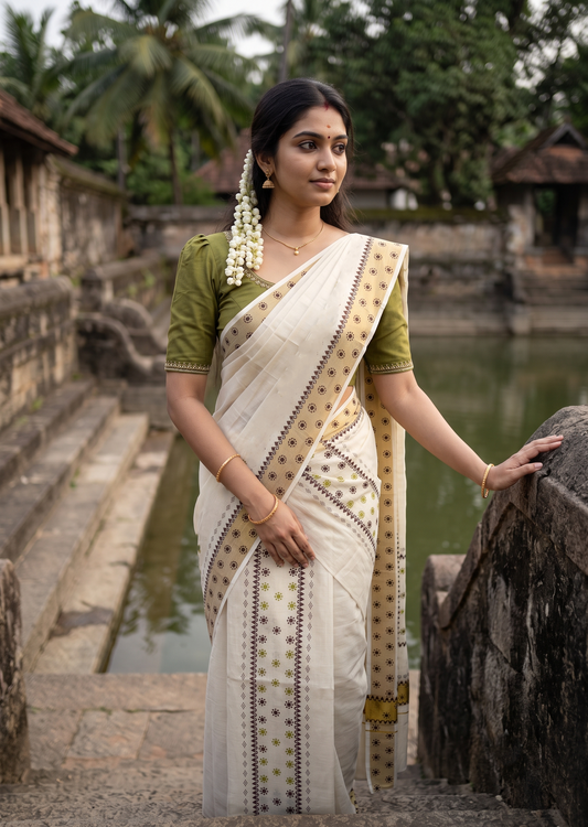 Southloom Kerala Tissue Set Mundu (Mundum Neriyathum) with Olive Green & Brown Floral Prints on Border-2.80Mtrs SL625