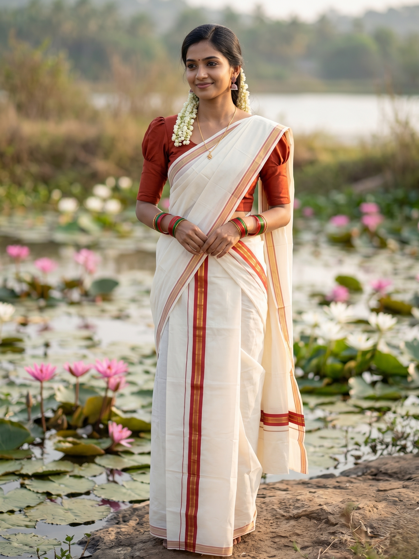 Southloom Kerala Cotton Single Set Mundu (Mundum Neriyathum) with Kasavu and BrickRed Border