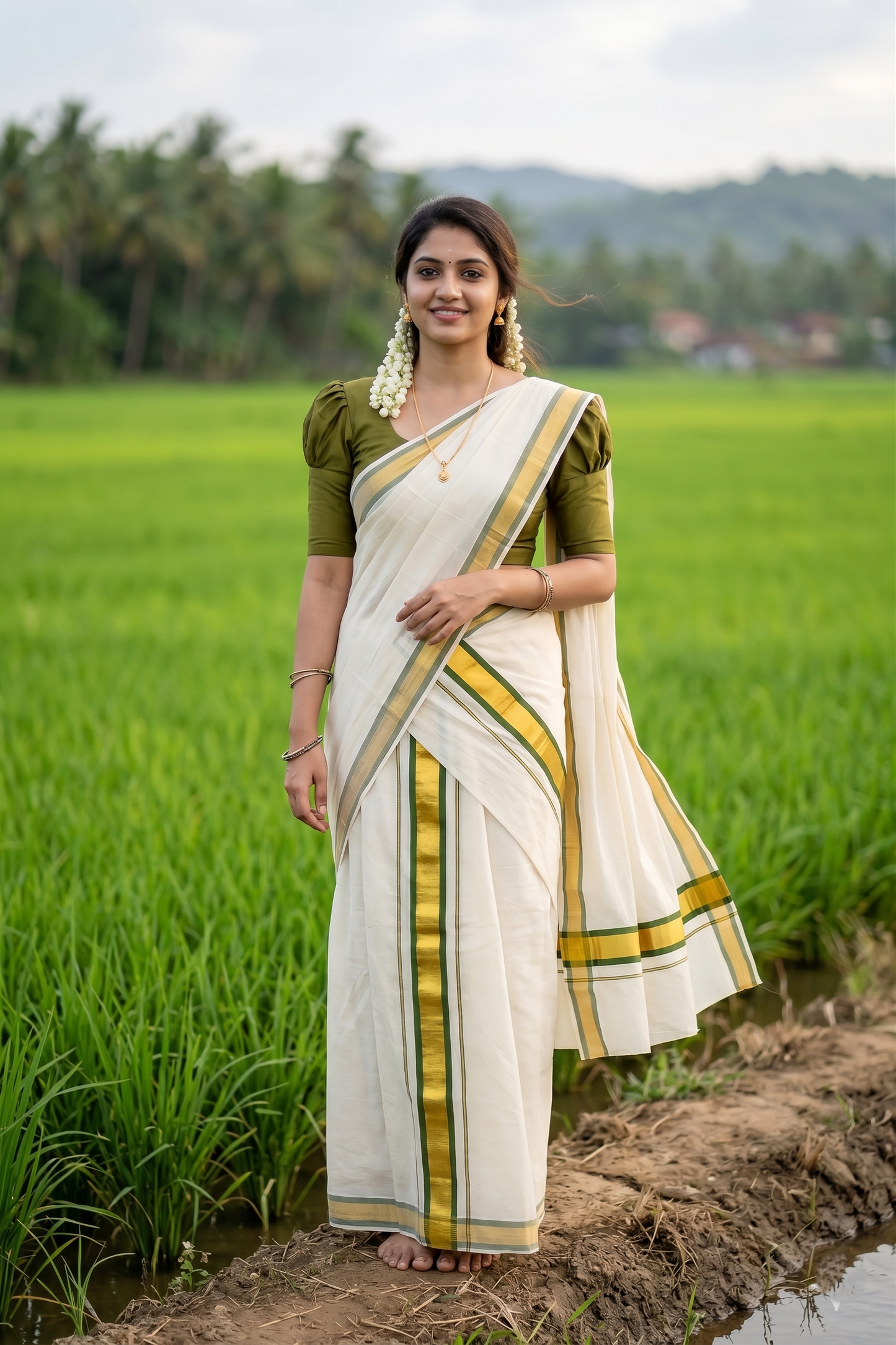 Kerala Cotton Mundum Neriyathum Single (Set Mundu) with Olive Green and Kasavu Border 2.80 Mtrs SLKK