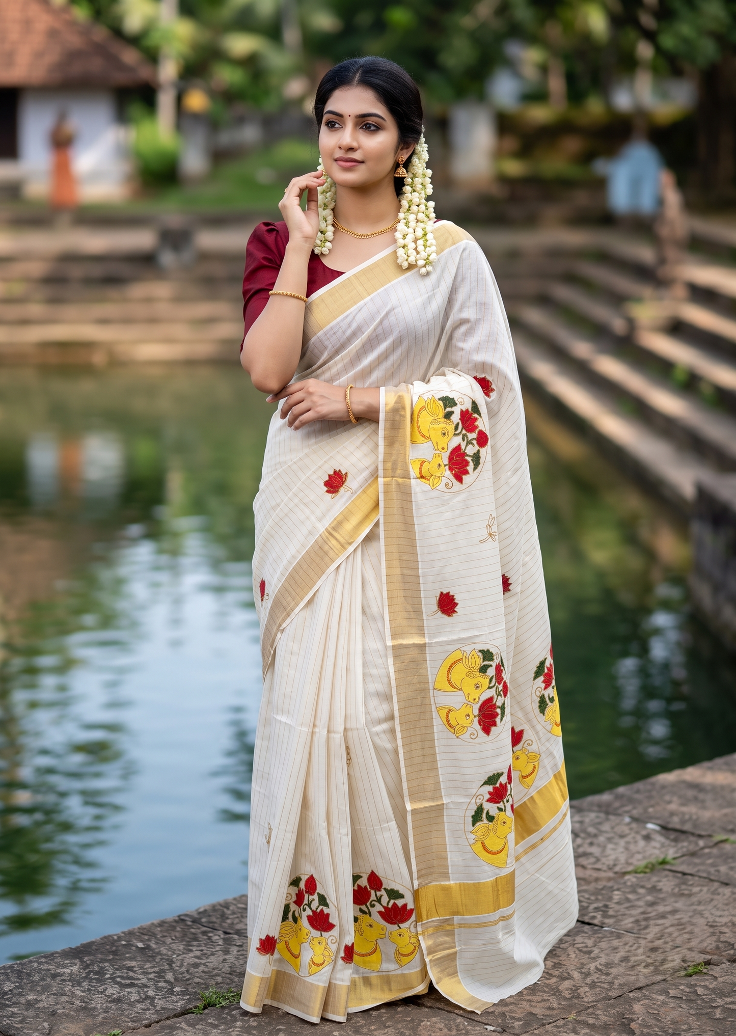 Southloom Cotton Kerala Kasavu Saree with Hand Painted Embroidery Lotus With Nandhi Design In Maroon SL593