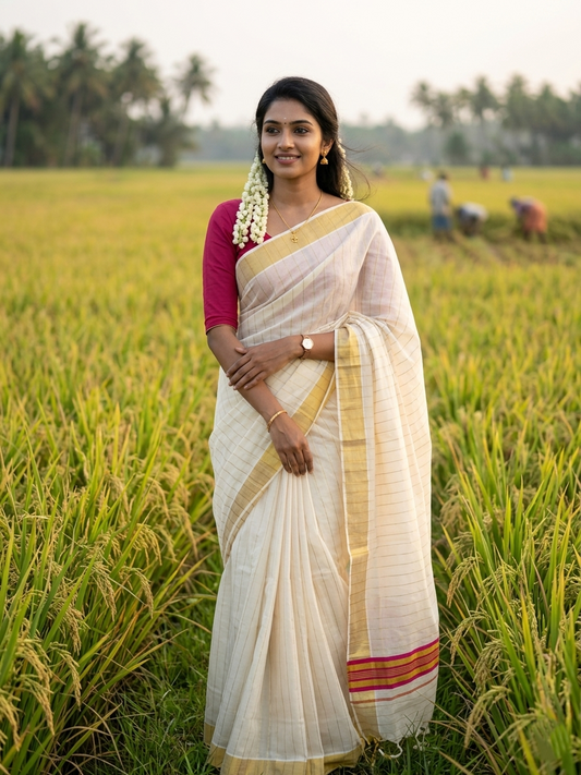 Southloom Kerala Cotton Kasavu Saree with Gold And Pink Lines on Body SL331