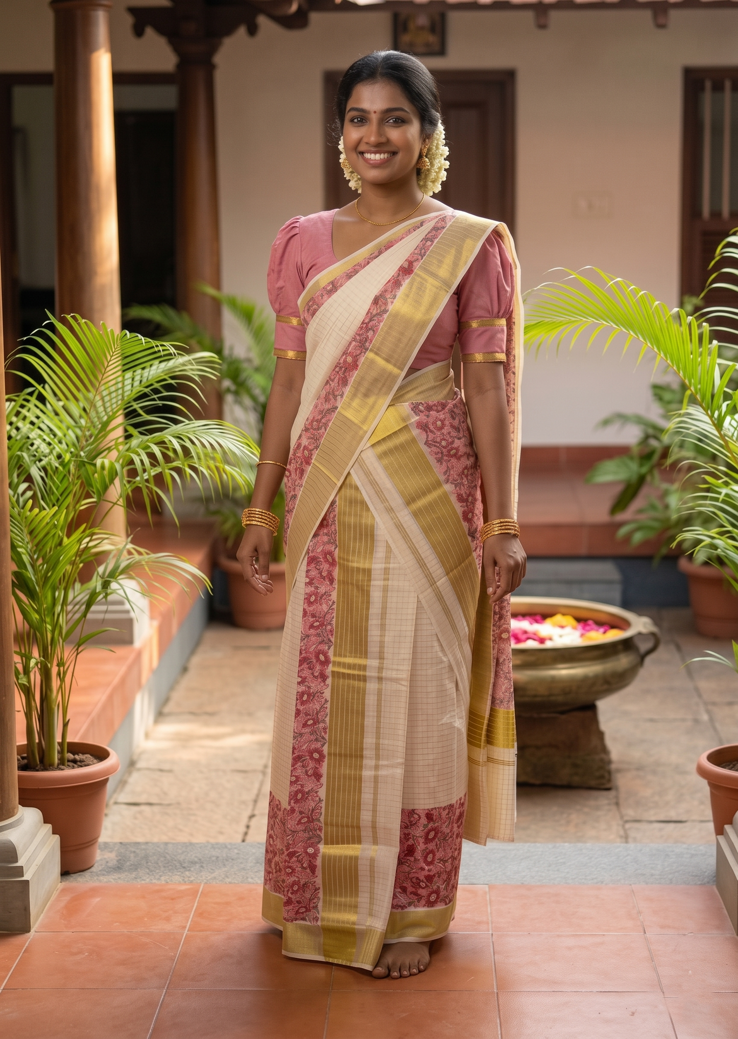 Southloom Kerala Check Pure Cotton Set Mundu with Gold Kasavu And Block Prints Across Body SL563