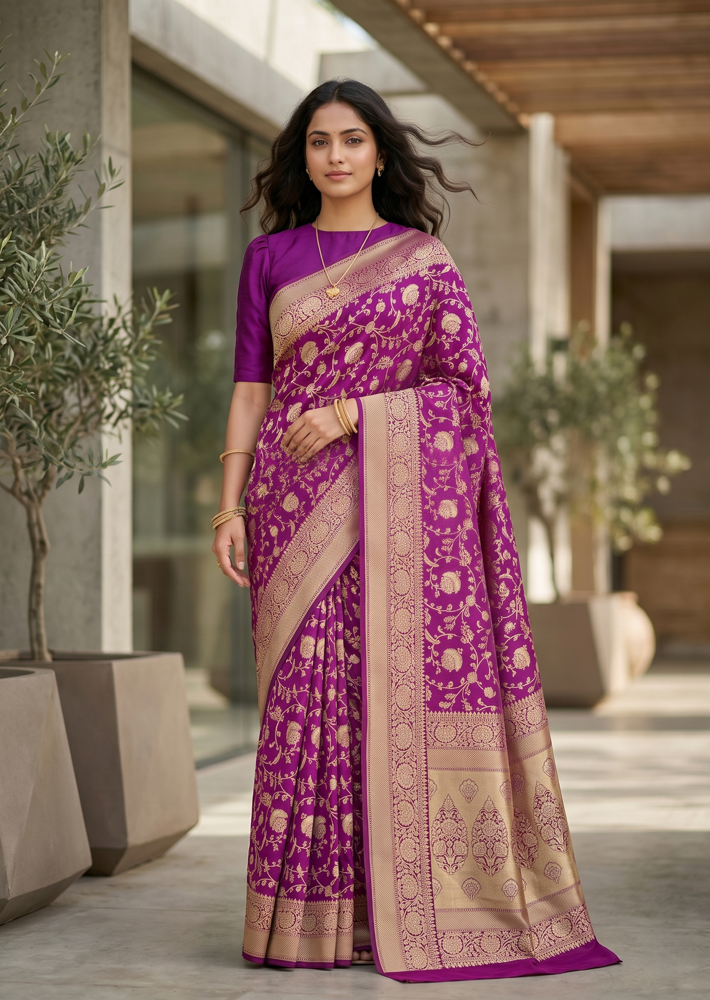 Southloom Pure Banarasi Silk Saree with Woven Work on Body and Borders (Purple)