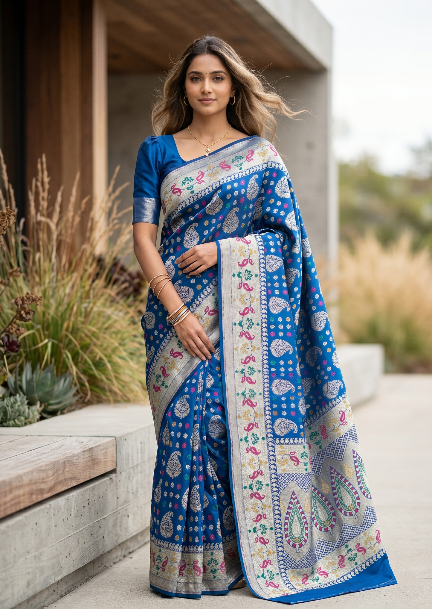 Southloom Pure Banarasi Silk Saree with Woven Work on Body and Borders (Peacock Green & Blue)