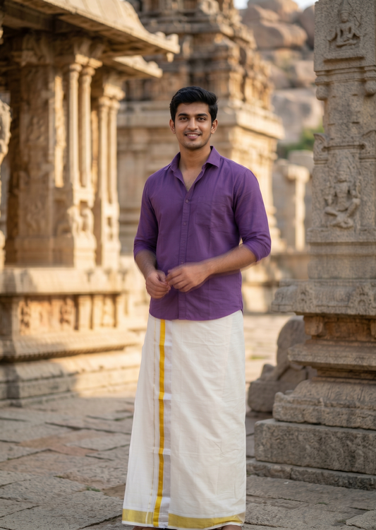Southloom Pure Cotton Off White Double Mundu with Gold and Silver Kasavu Border (South Indian Kerala Dhoti)