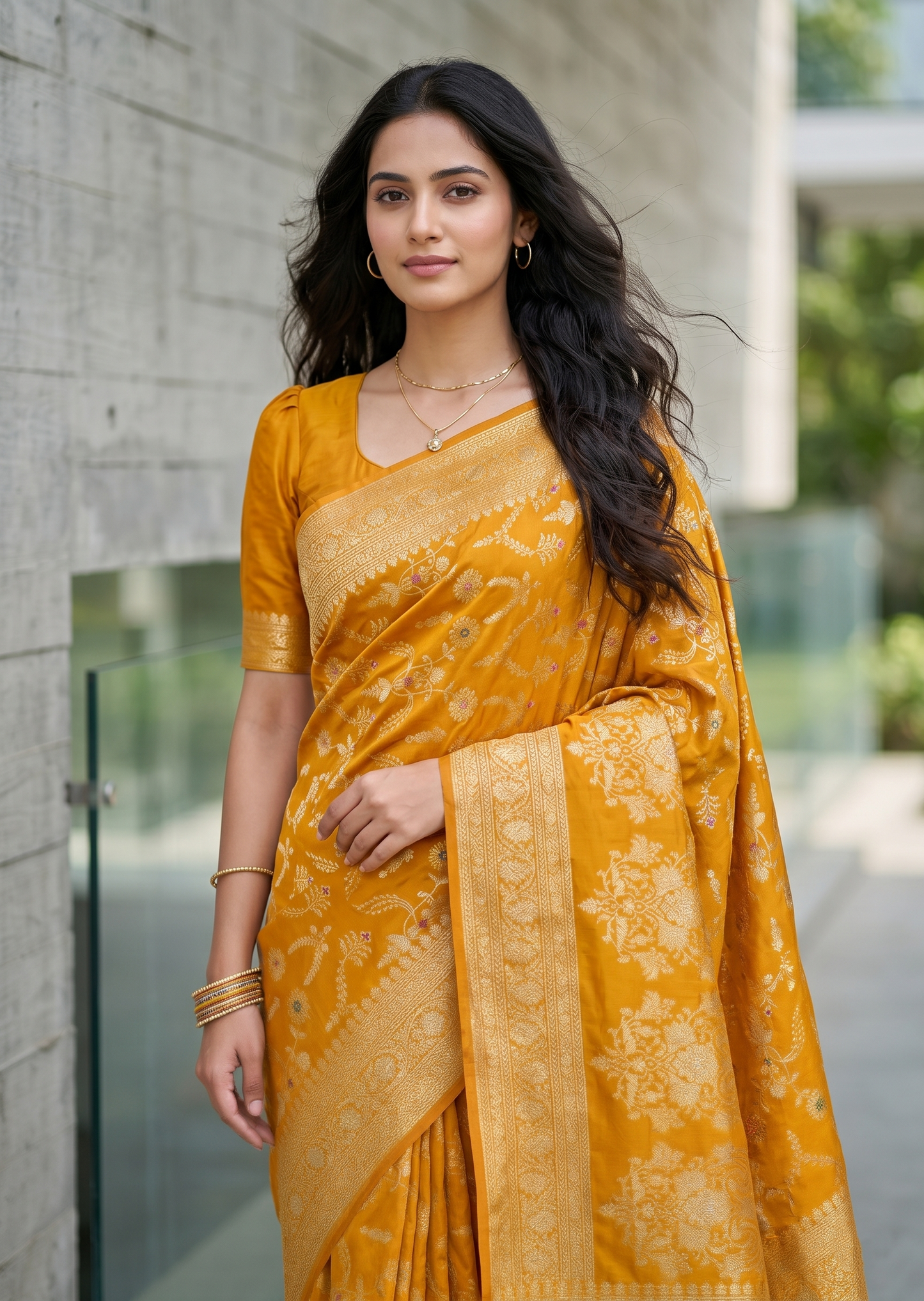 Southloom Pure Banarasi Silk Saree with Woven Work on Body and Borders (Yellow)