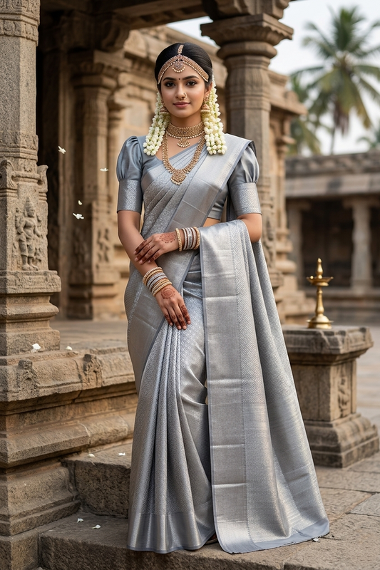 Southloom Brocade Bridal Silk Saree with Silver Zari Work in Grey Pastel Shade