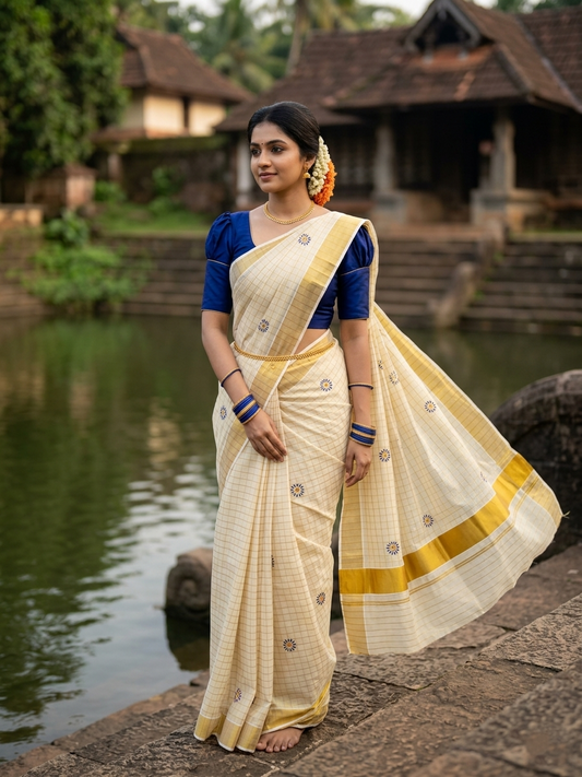 Southloom Tissue Kerala Kasavu Check Saree with Floral Embroidery Design in Blue