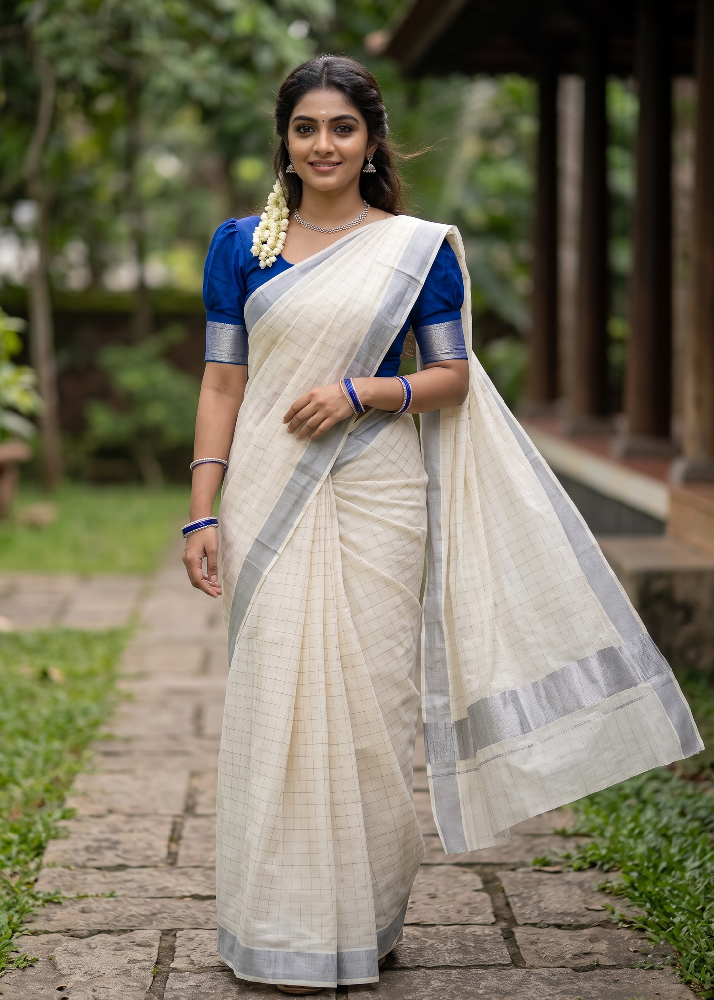 Southloom Kerala Cotton Saree With Check Designs On The Body And Silver Kasavu On Borders