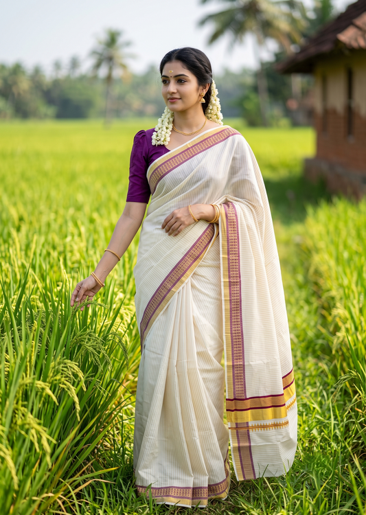 Southloom Kerala Cotton Kasavu Saree with Stripes on Body and Temple Print on Border in Purple SL512
