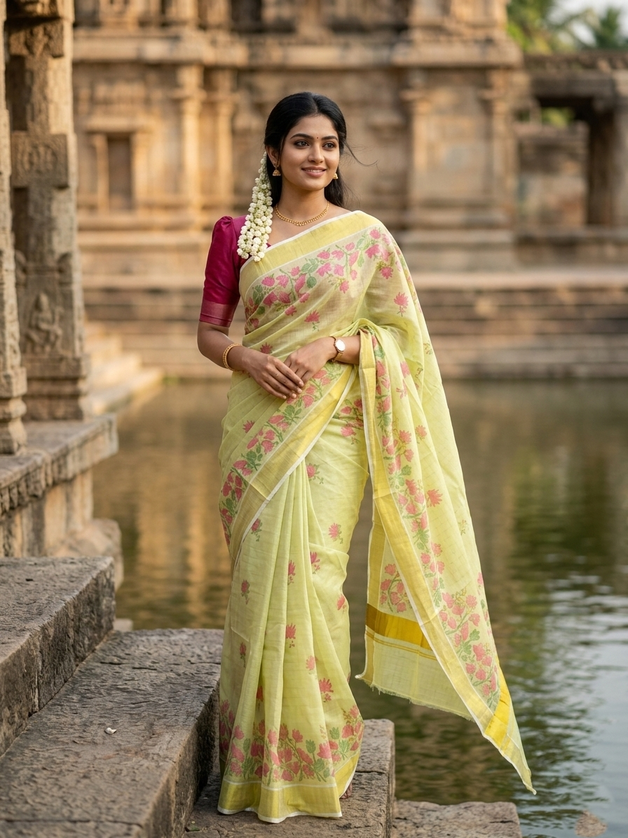 Kerala Tissue Kasavu Check Saree with Floral Designs On Body in Pink
