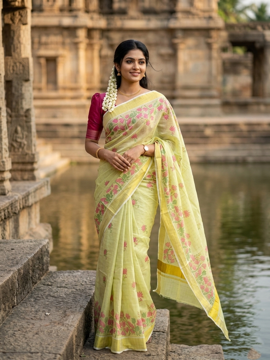 Kerala Tissue Kasavu Check Saree with Floral Designs On Body in Pink