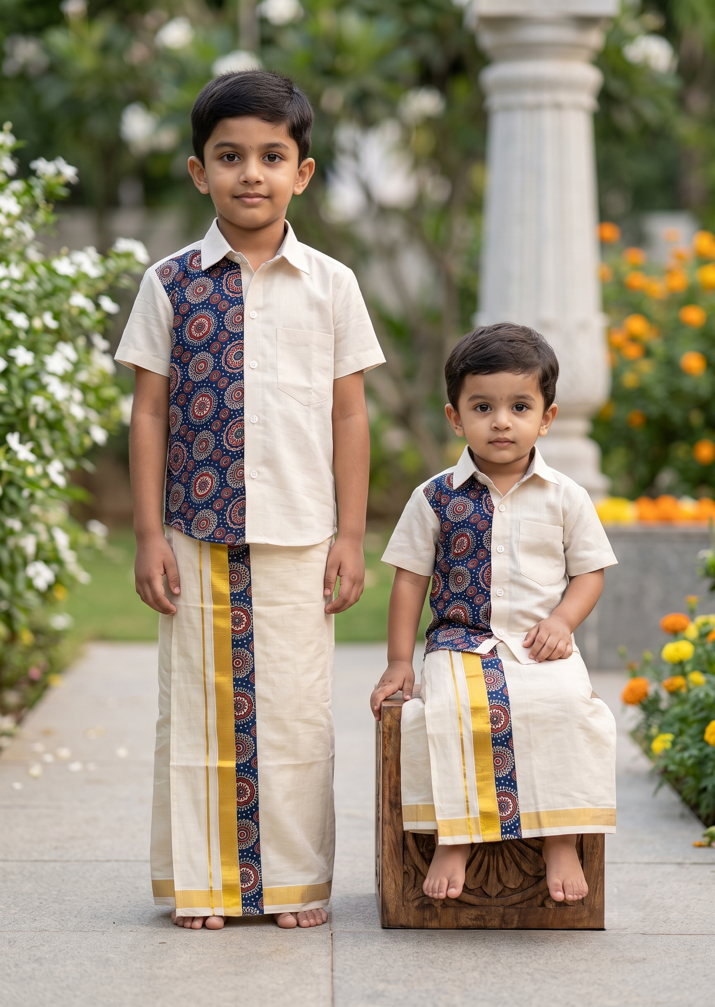 Southloom Tissue Ajrakh Printed Kids's Combo (Shirt + Velcro Mundu) SLKCOMBO SL611