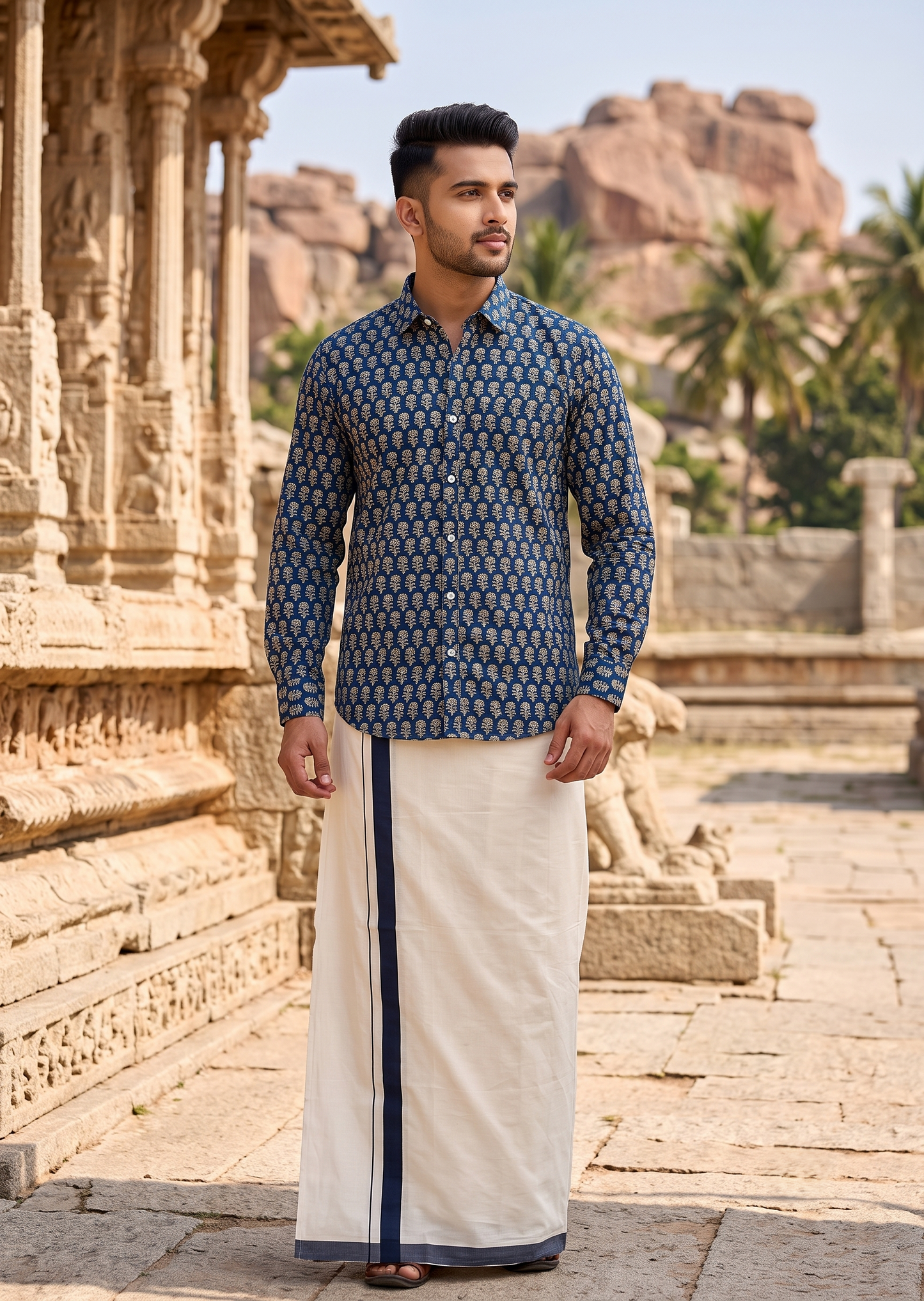 Southloom Cotton Jaipur Printed Men's Combo Full Sleeve (Shirt + Mundu) SLCOMBO SL564