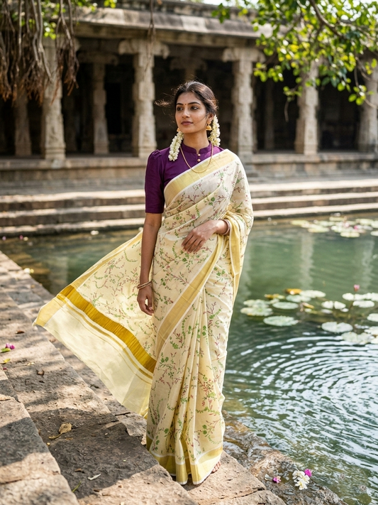 Southloom Tissue Kalamkari Print Kerala Kasavu Saree in Green