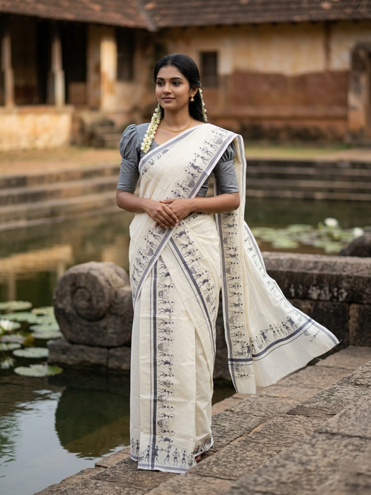 Southloom Pure Cotton Kerala Single Warly Print Set Mundu (Mundum Neriyathum) Grey Border in 2.50 mtrs  SL246