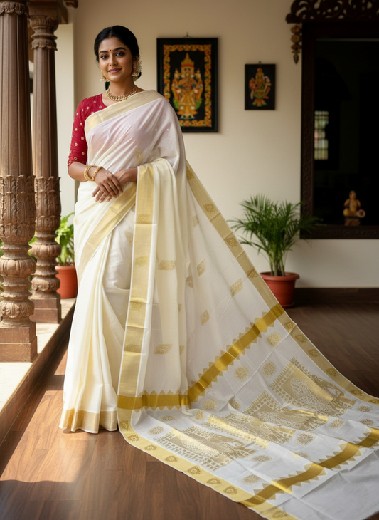 Southloom Kerala Pure Cotton Saree with Floral & Peacock Feather Woven Work on Body