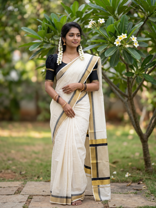 Southloom Kerala Pure Cotton Saree with Stripes on Body and Borders in Black SL334