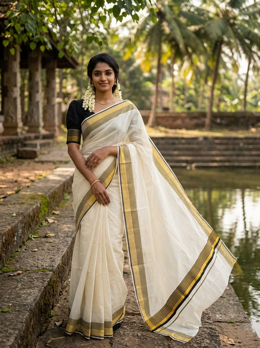Pure Cotton Kerala Saree with Kasavu and Black Line Border