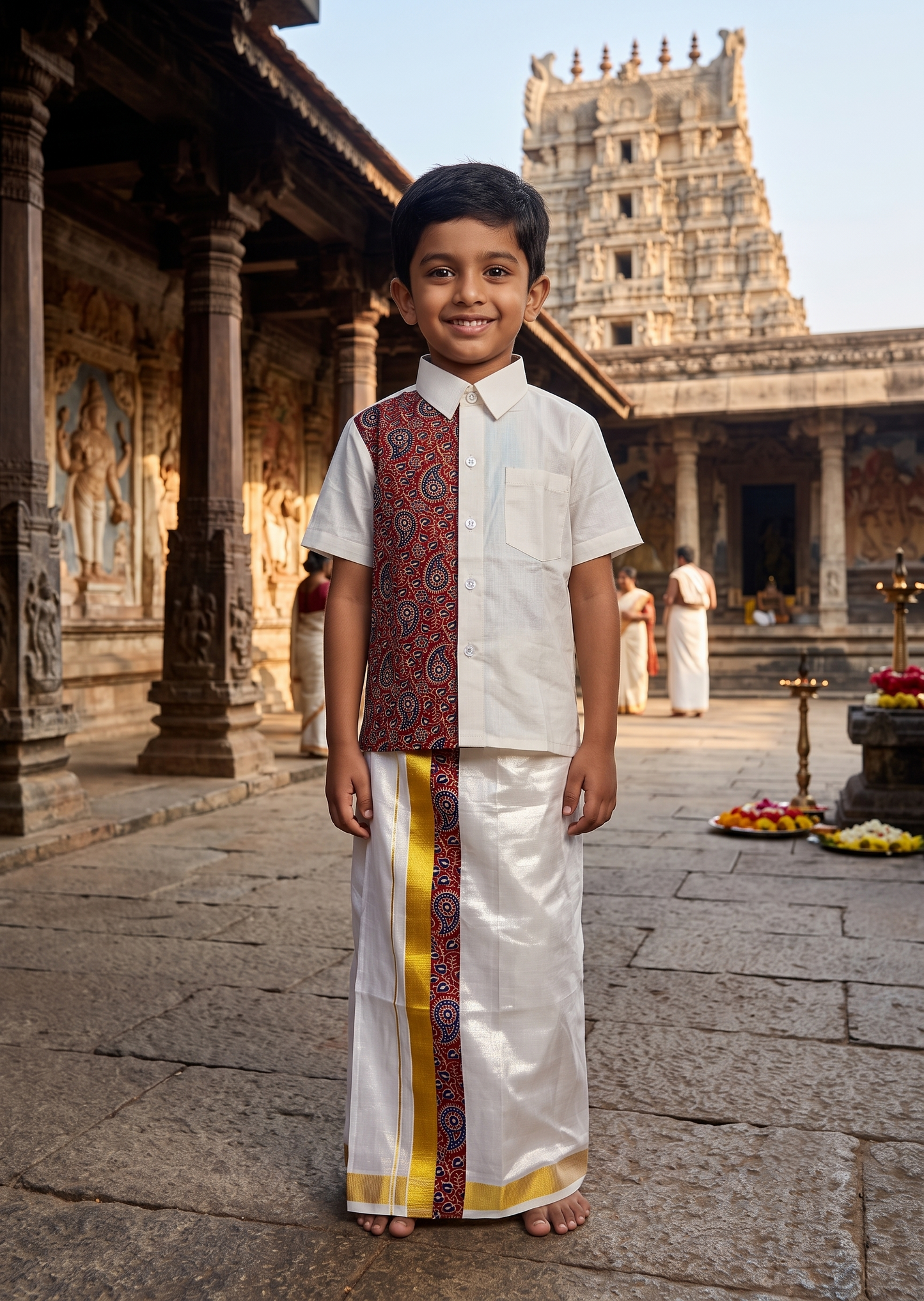 Southloom Tissue Ajrakh Printed Kids's Combo (Shirt + Velcro Mundu) SLKCOMBO