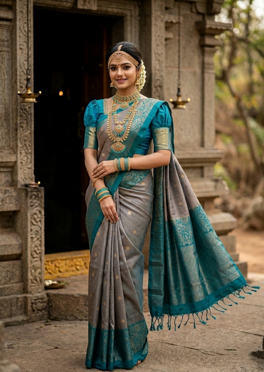Southloom Pure Handloom Bridal Kanchipuram Silk Saree with Korvai Work (Blue & Grey)
