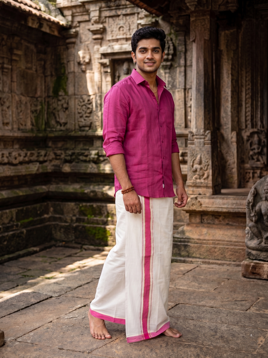 Southloom Premium Handloom Cotton Double Mundu with Pink And Kasavu Border