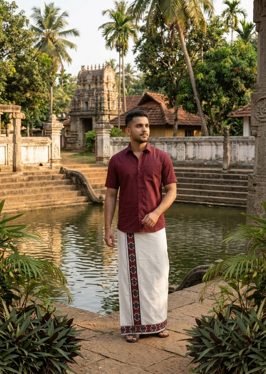 Southloom White Printed Single Mundu / Otta Mundu / Lungi (South Indian Kerala Dhoti)SL598