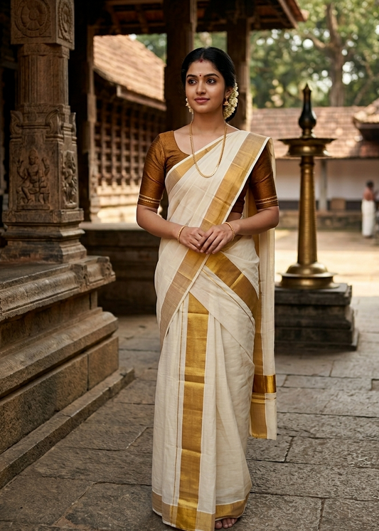 Kerala Cotton 2 inch Golden Kasavu Single Set Mundu (2.80 mtrs) SL412