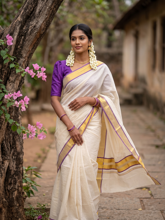Southloom Kerala Cotton Kasavu Saree with Micro Stripes on Body In Violet Border SL361