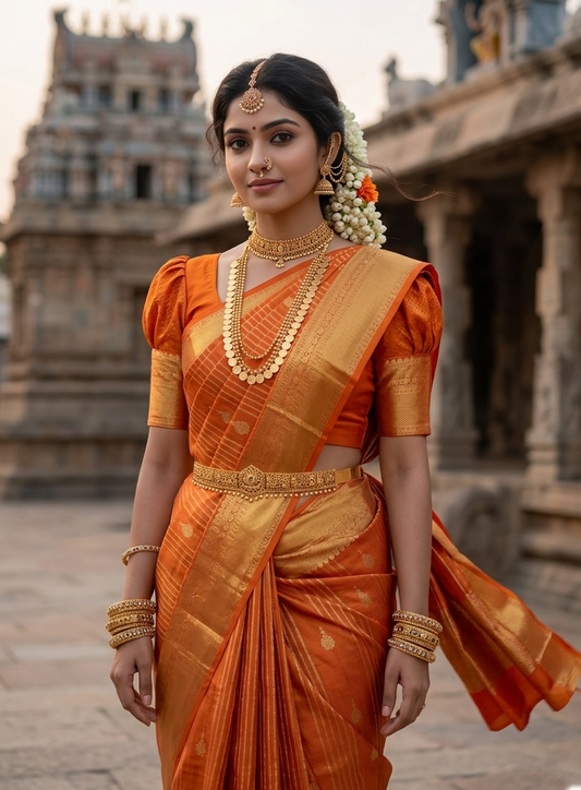 Southloom Pure Handloom Bridal Kanchipuram Silk Saree with Korvai Work (Orange)