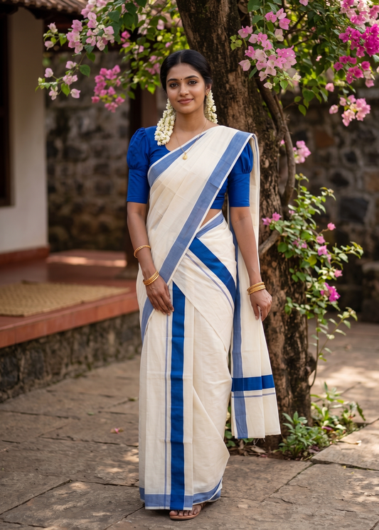 Southloom Kerala Cotton Mundum Neriyathum Single (Set Mundu) with Katti Kara in Blue 2.80 Mtrs SL004
